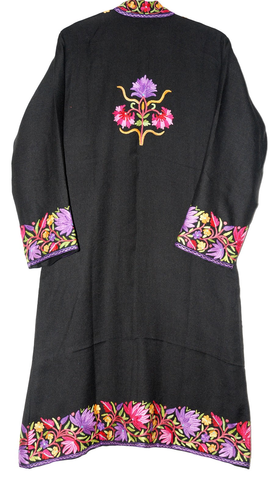 Woolen Coat Long Jacket Black, Multicolor Embroidery #BD-115