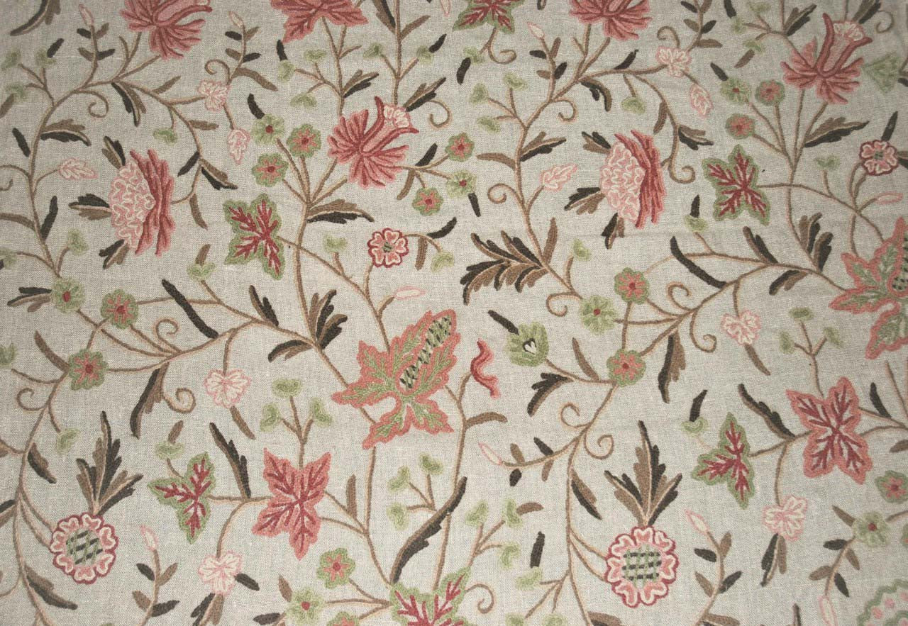 Linen Crewel Embroidered Fabric Floral Beige, Multicolor #FLR603