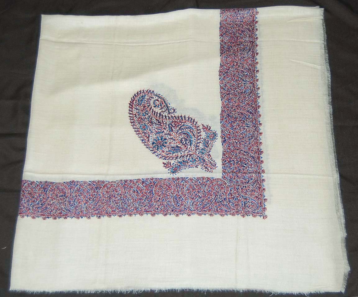 Kashmir Pashmina "Sozni" Needlework Embroidered Arab Scarf Shemagh Shawl, Blue on White #PRM-021