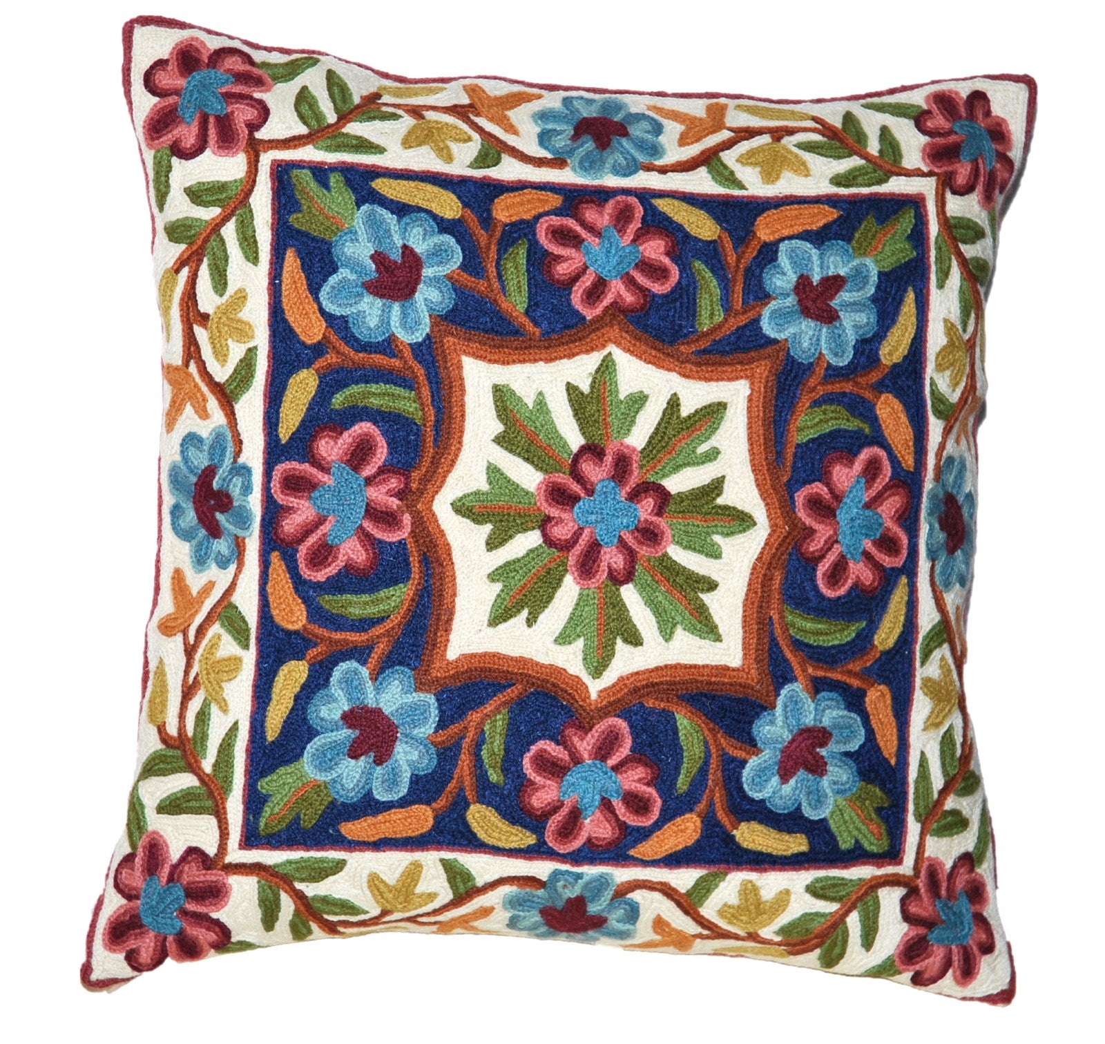 Crewel Wool Embroidered Cushion Throw Pillow Cover, Multicolor #CW1008