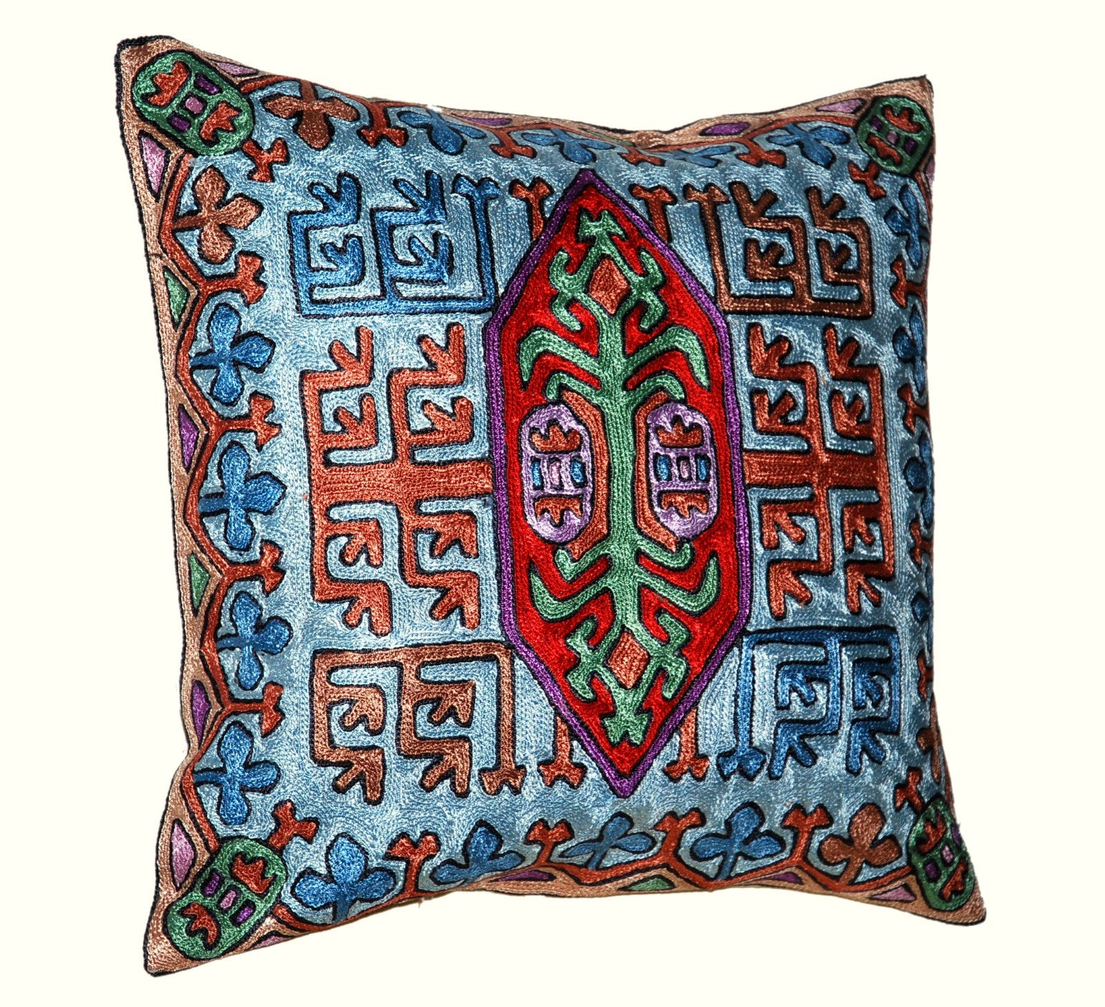 Crewel Silk Embroidered Cushion Throw Pillow Cover, Multicolor #CW2014