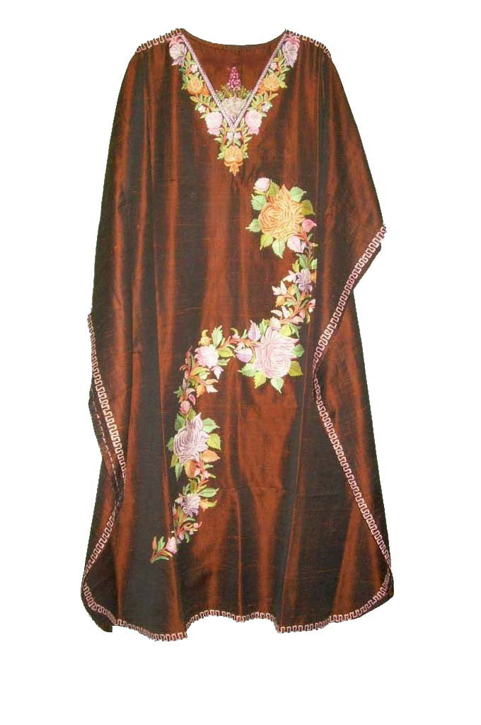 Silk Embroidered Kaftan Caftan Rust, Multicolor Embroidery #SKF-003