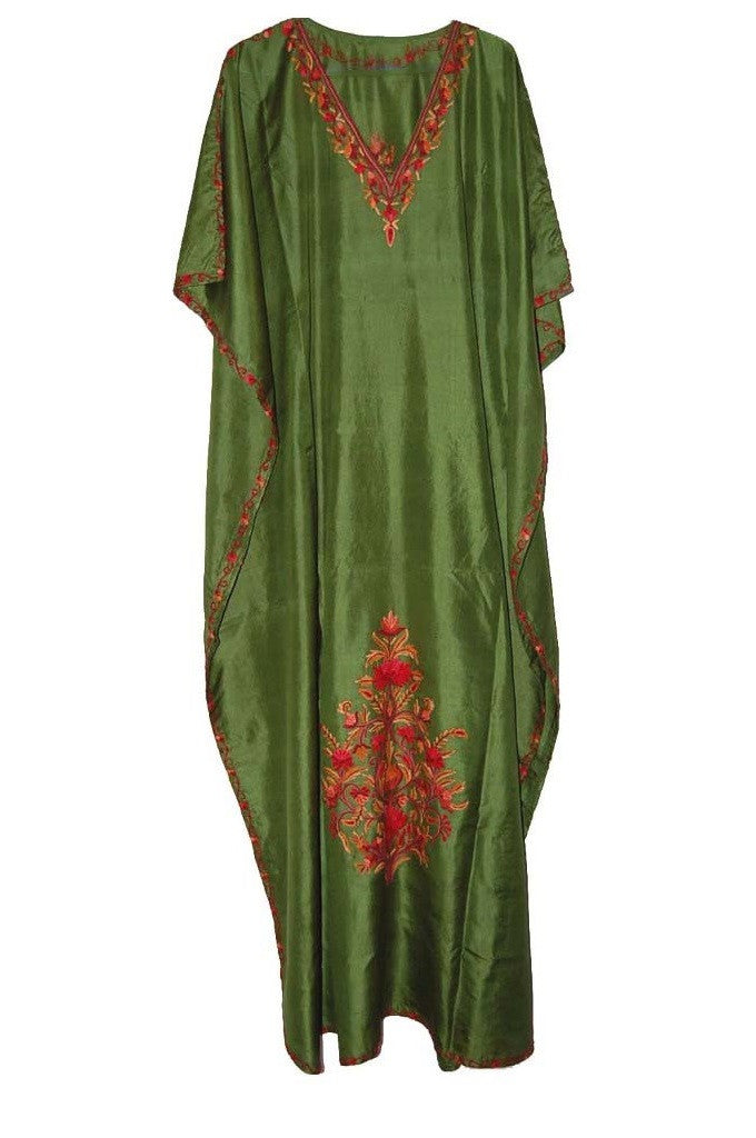 Silk Embroidered Kaftan Caftan Green, Multicolor Embroidery #SKF-007