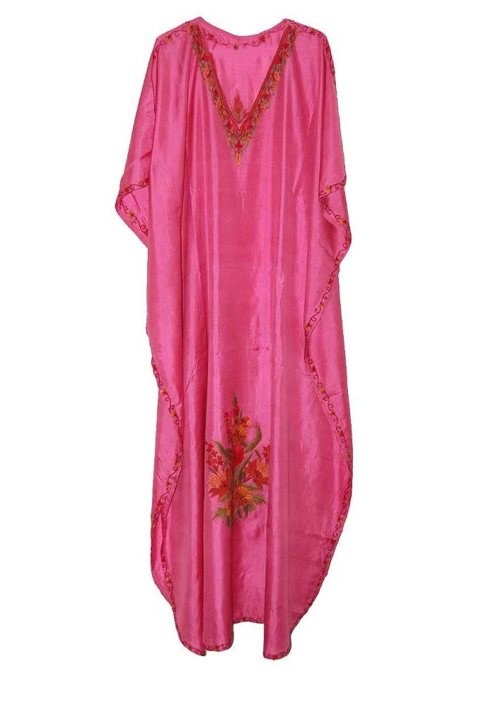 Silk Embroidered Kaftan Caftan Pink, Multicolor Embroidery #SKF-008
