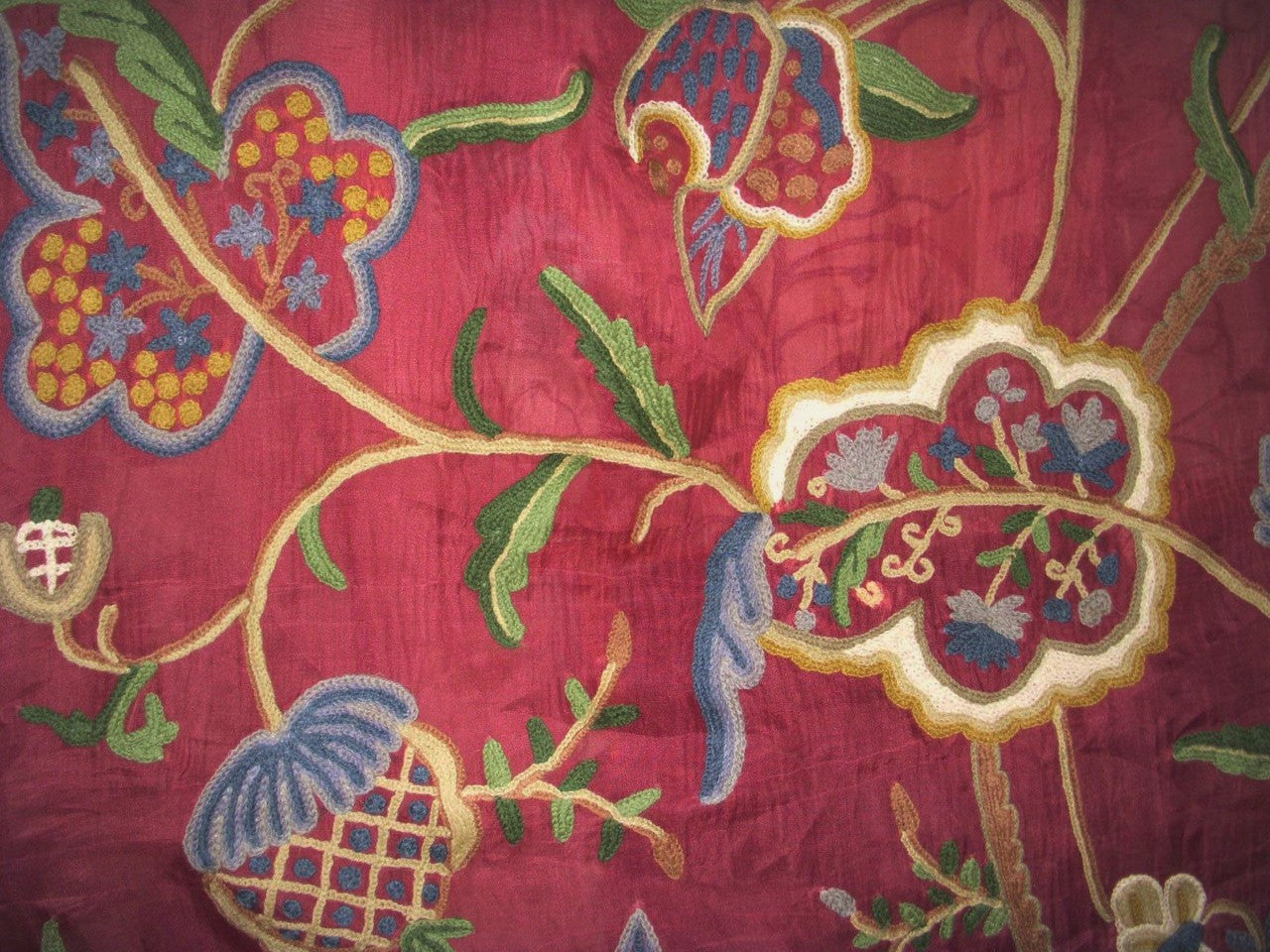 Silk Organza Crewel Embroidered Sheer Fabric Maroon, Multicolor #SL202