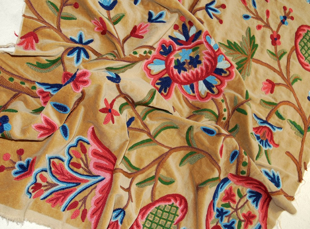 Chenille Velvet Crewel Embroidered Fabric Beige, Multicolor #CV401