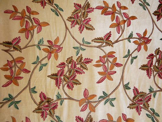 Chenille Velvet Crewel Embroidered Fabric Beige, Multicolor #CV003