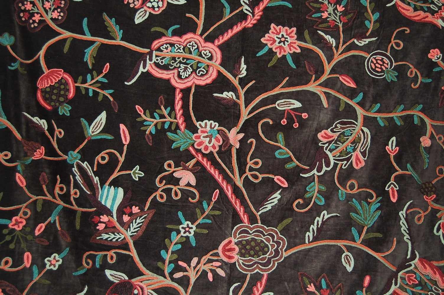 Kashmir Crewel Chenille Velvet Crewel Fabric Dark Brown, Multicolor Embroidery #CV302