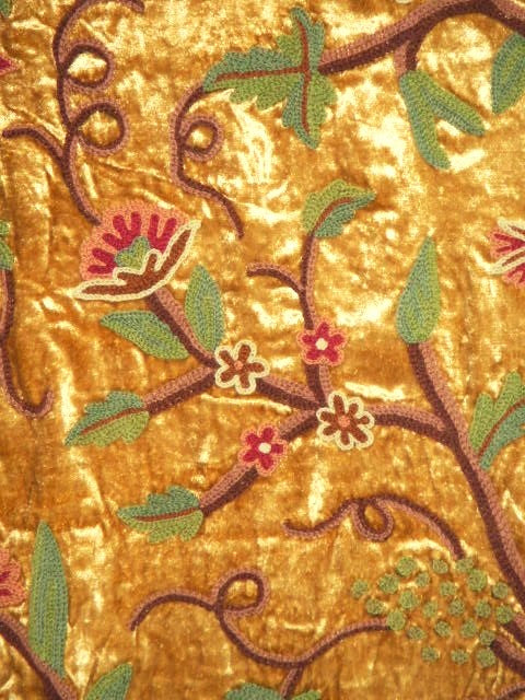 Kashmir Crewel Chenille Velvet Embroidered Fabric Gold, Muticolor #CV002