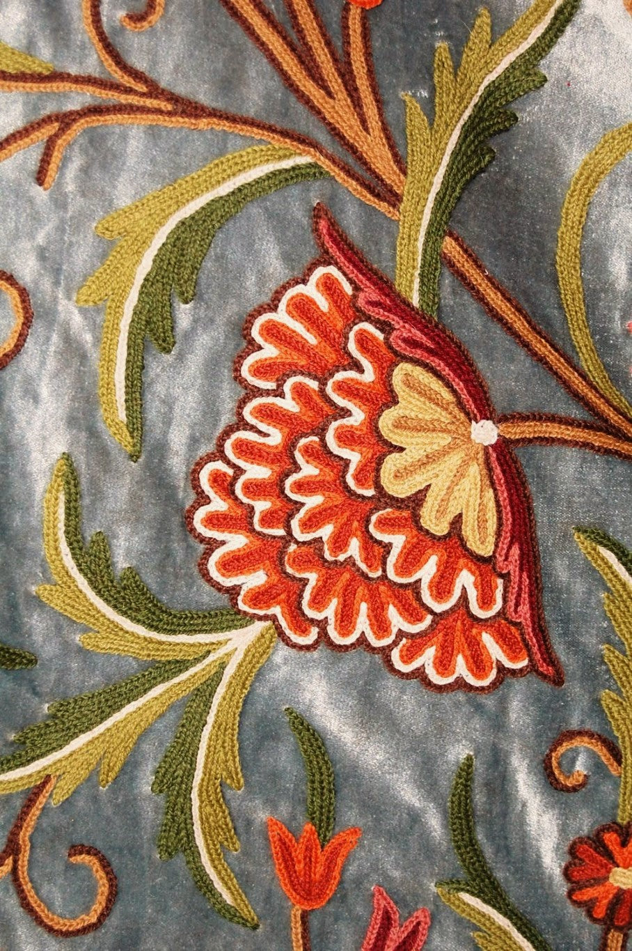 Chenille Velvet Crewel Work Fabric Teal, Multicolor Embroidery #CV201
