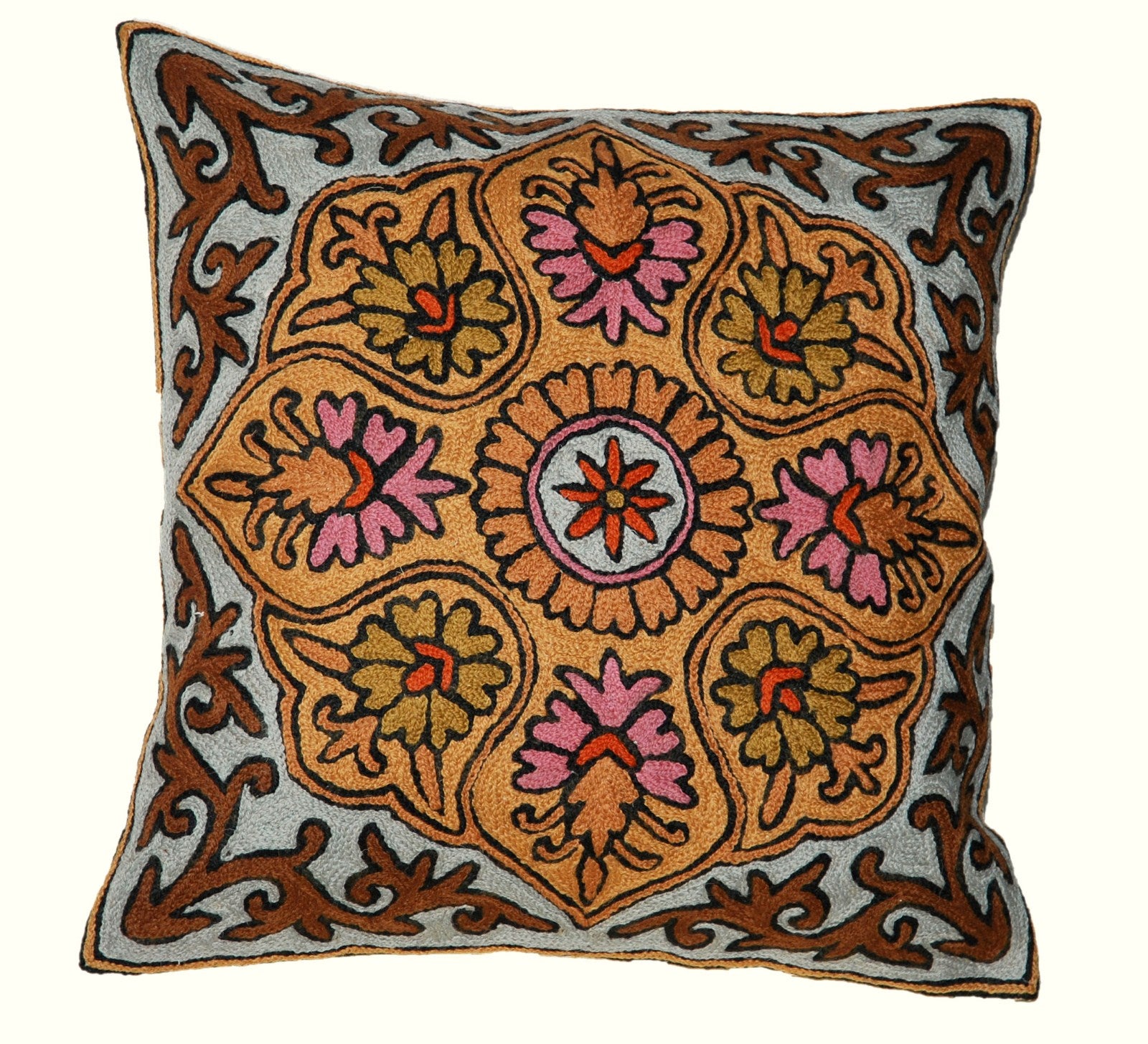 Crewel Wool Embroidered Cushion Throw Pillow Cover, Multicolor #CW1006