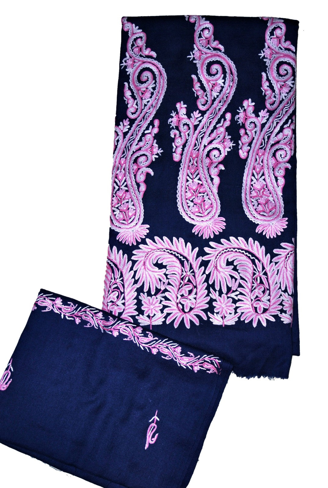 Woolen Salwar Kameez Suit Unstitched Fabric and Shawl Navy, Pink and White Embroidery #FS-423