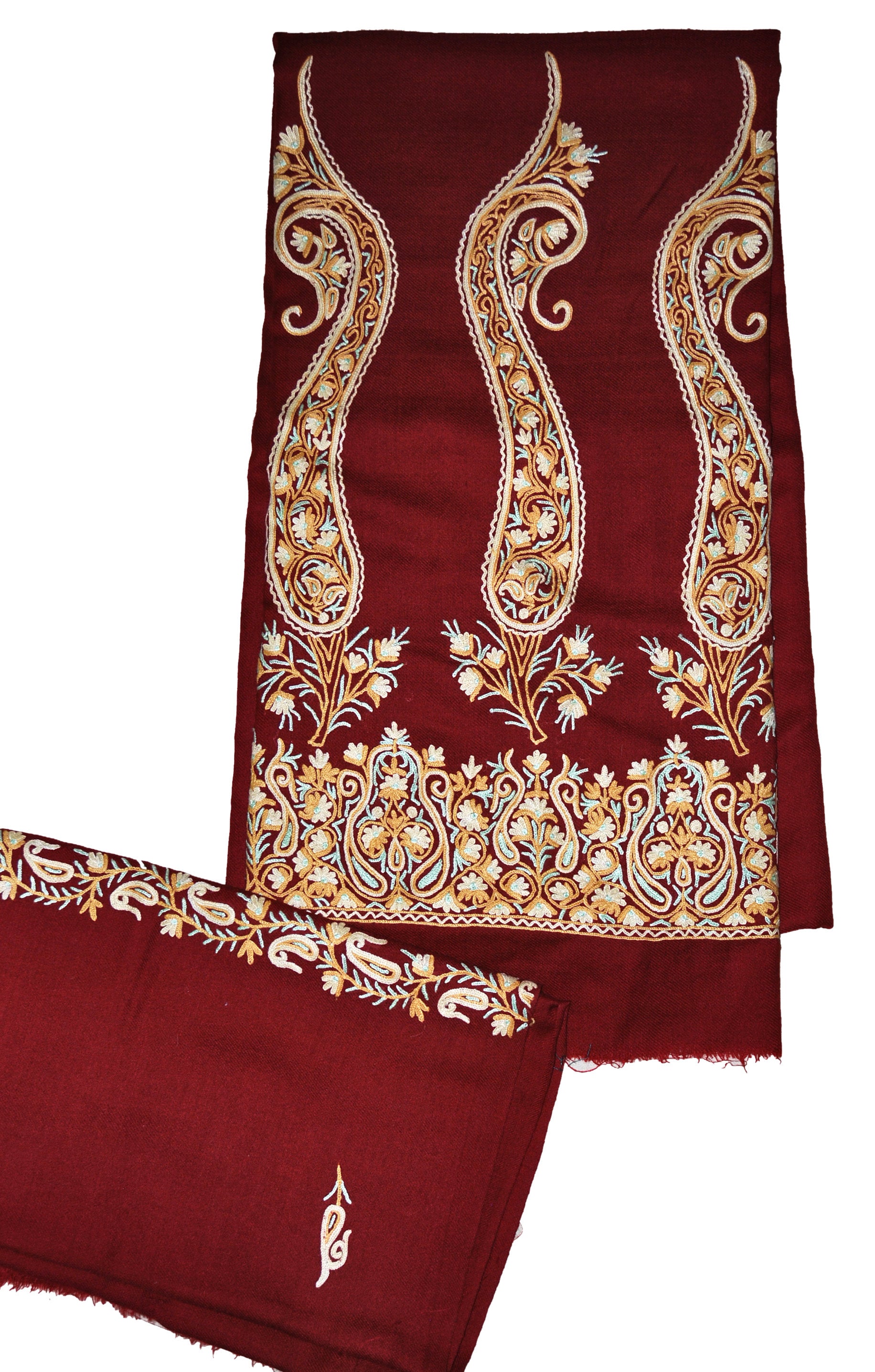 Woolen Salwar Kameez Suit Unstitched Fabric and Shawl Maroon, Multicolor Embroidery #FS-433
