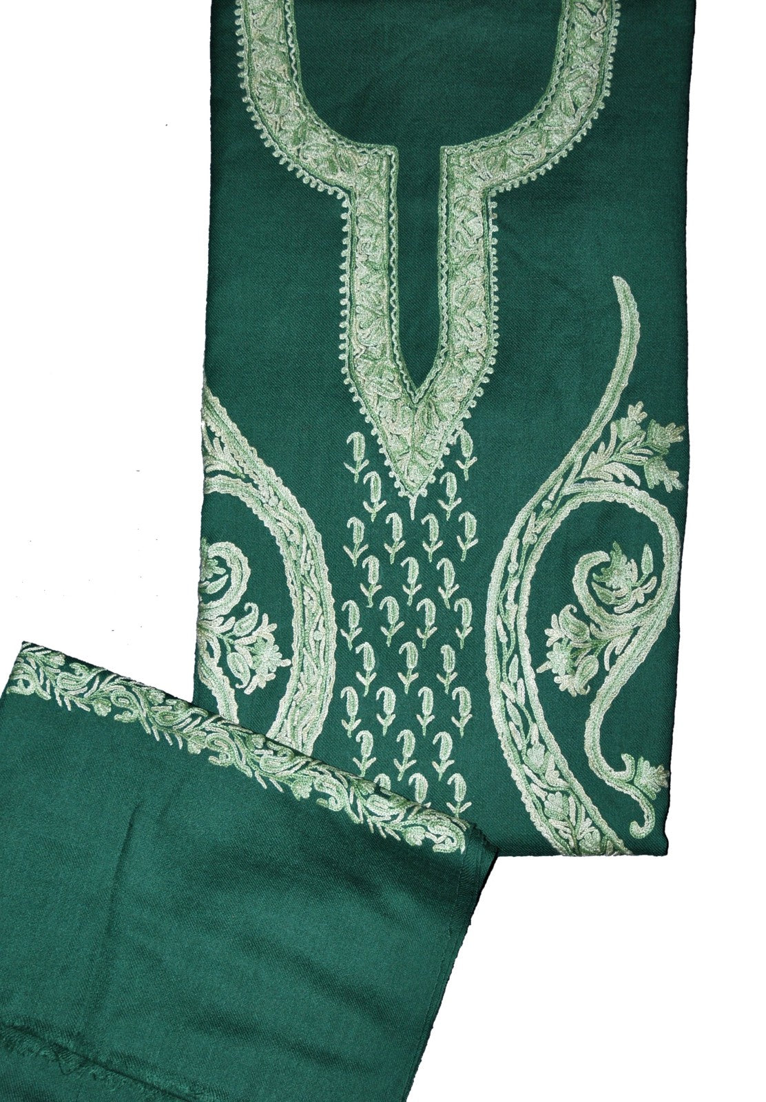 Woolen Salwar Kameez Suit Unstitched Fabric and  Shawl Green, Tone-Tone Embroidery #FS-471