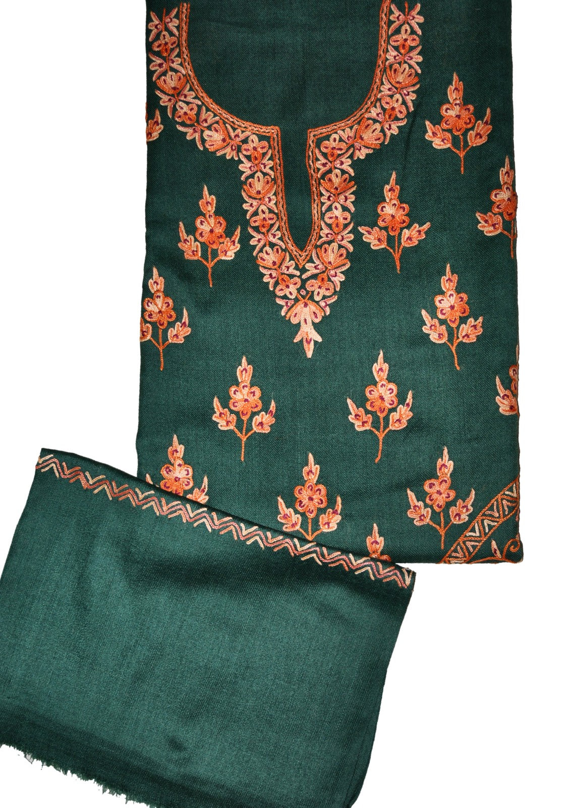 Woolen Salwar Kameez Suit Unstitched Fabric and Shawl Green, Rust Embroidery #FS-472