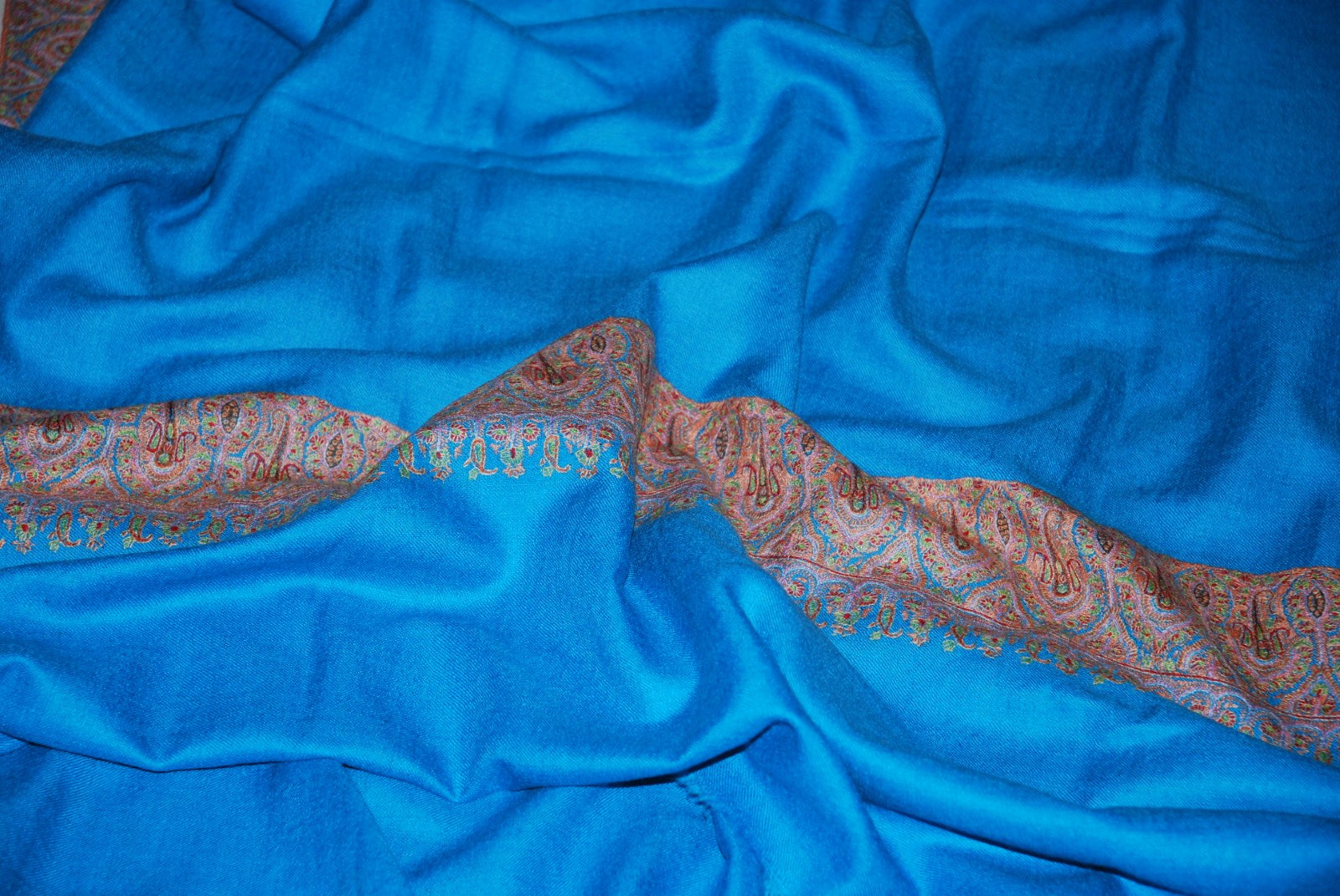 Kashmir Pashmina "Cashmere" Shawl Sky Blue, Multicolor Embroidery #PDR-012