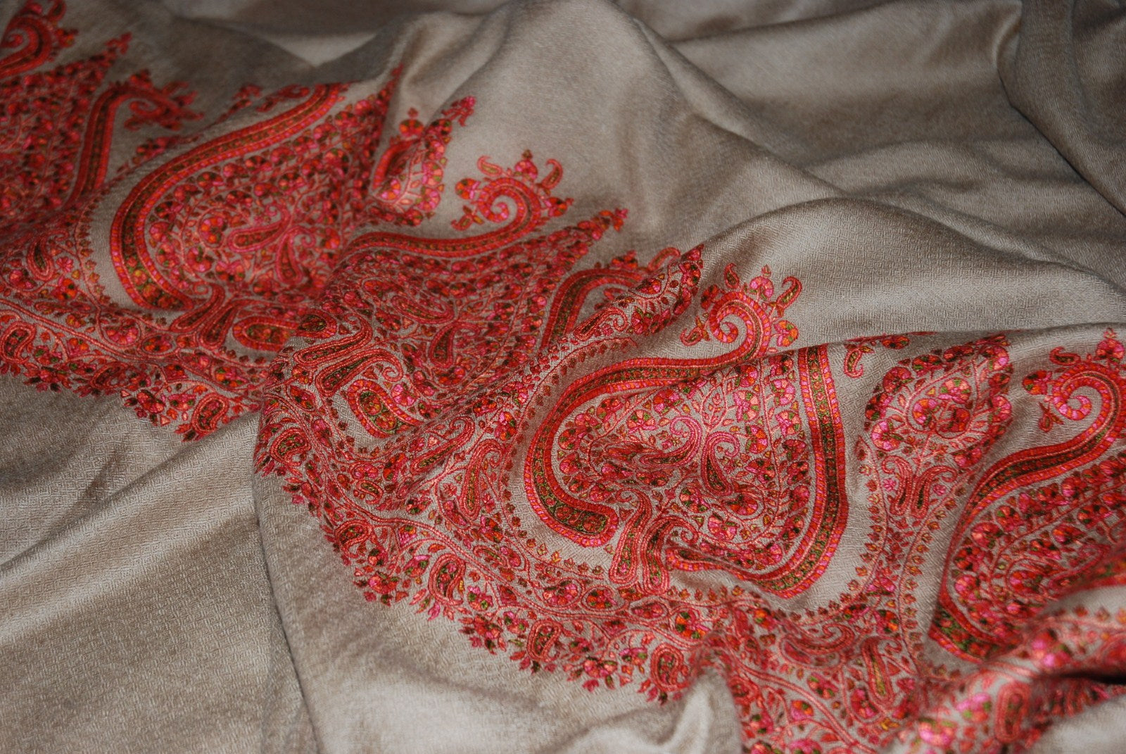 Kashmir Pashmina "Cashmere" Shawl Large Beige, Multicolor Embroidery #PDR-011