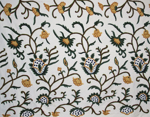 Cotton Crewel Embroidered Fabric Floral, Green on White #FLR206