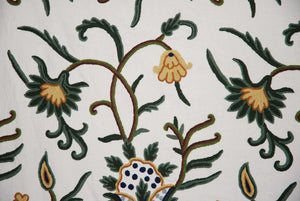 Cotton Crewel Embroidered Fabric Floral, Green on White #FLR206