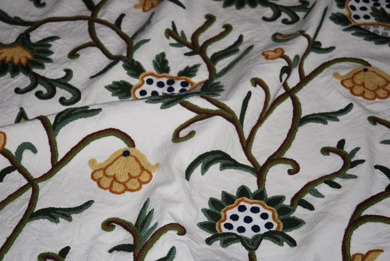 Cotton Crewel Embroidered Fabric Floral, Green and Gold #FLR206