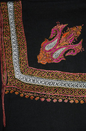Hand Embroidered Woolen Shawl Black, Silver "Tilla" and Sozni Embroidery #WS-938