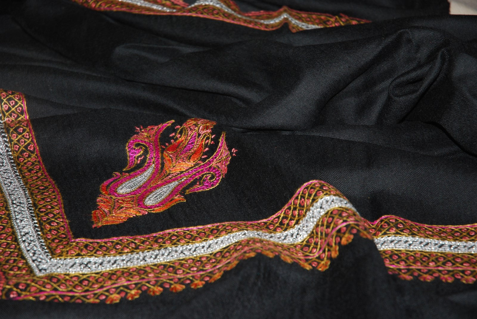 Hand Embroidered Woolen Shawl Black, Silver "Tilla" and Sozni Embroidery #WS-938