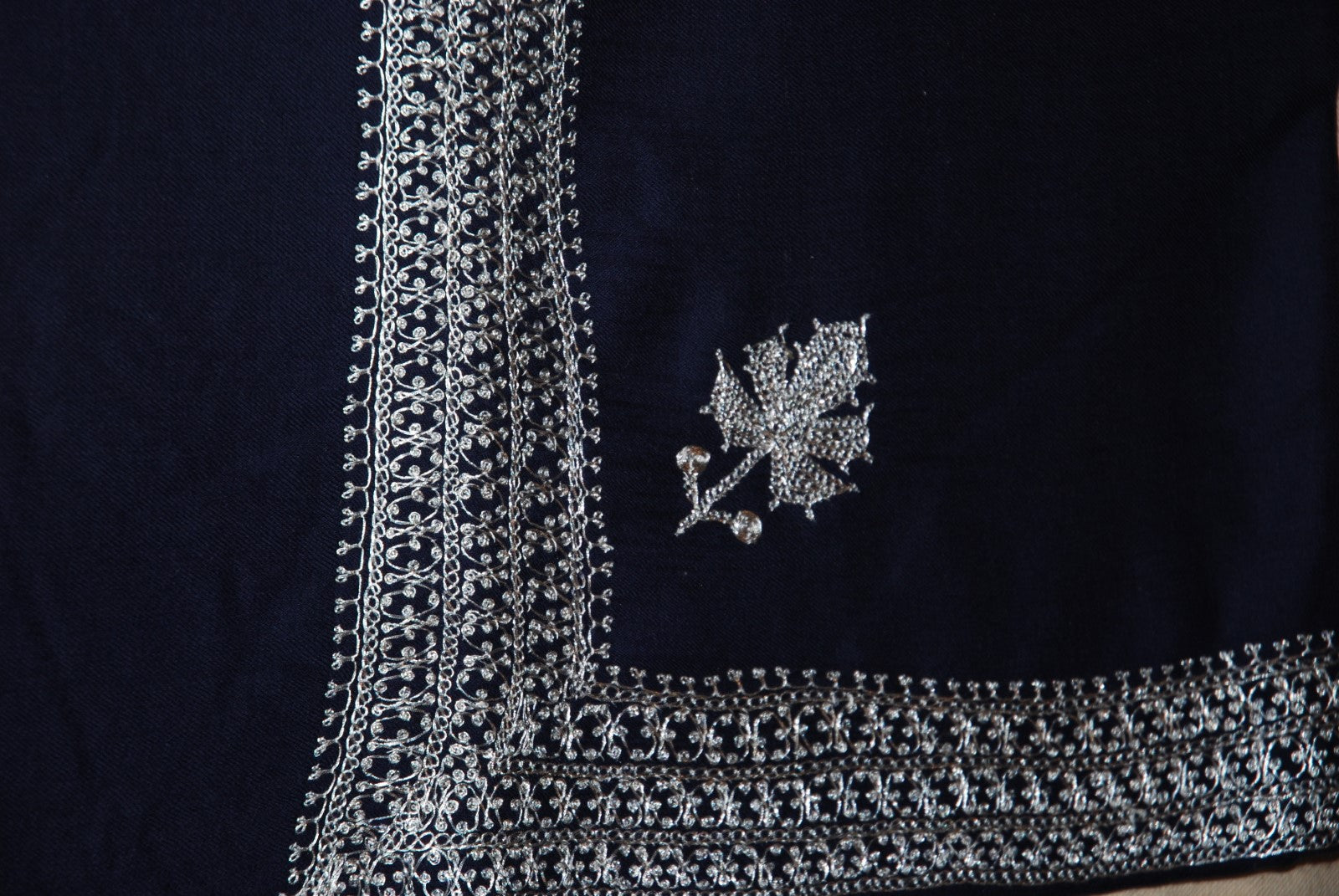 Hand Embroidered Woolen Shawl Navy, Silver "Tilla" Sozni Embroidery #WS-904