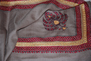 Hand Embroidered Woolen Shawl Beige, Gold "Tilla" and Sozni Embroidery #WS-935