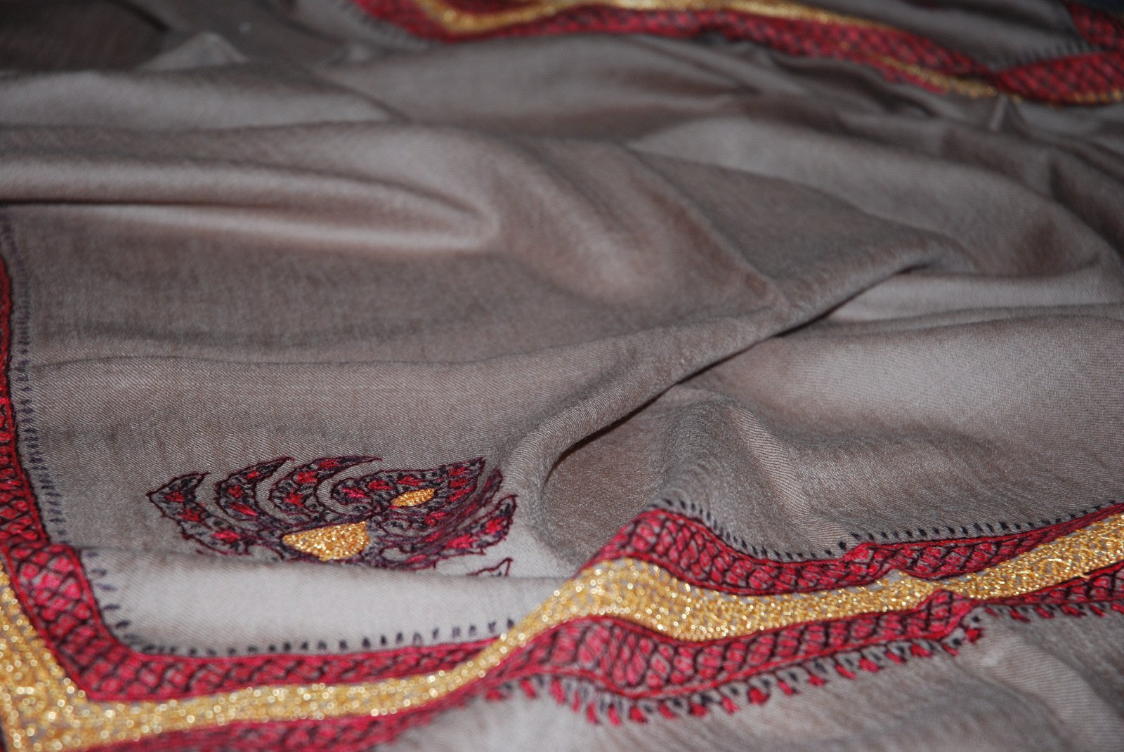 Hand Embroidered Woolen Shawl Beige, Gold "Tilla" and Sozni Embroidery #WS-935