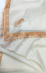 Embroidered Wool Shawl White, Gold "Tilla" Sozni Embroidery #WS-921