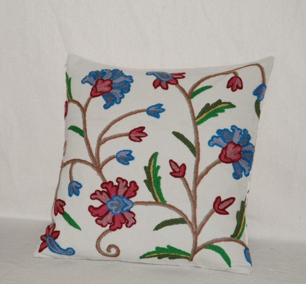 Cotton Crewel work Throw Pillow Cushion Cover Beige, Multicolor #CW226