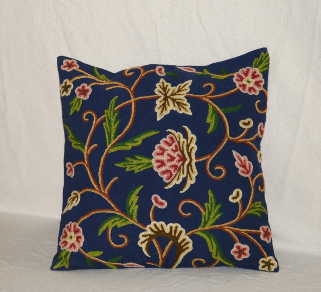 Cotton Crewel work Throw Pillow Cushion Cover Navy Blue, Multicolor #CW232