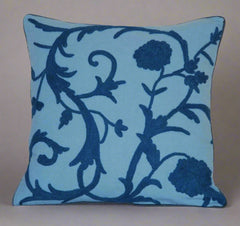 Cotton Crewel Pillow Cushion Cover, Sky Blue Tone-Tone Embroidery  #CW260