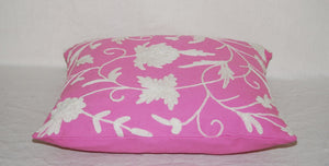 Crewel Wool on Cotton Cushion Cover Sofa, Chair Throw Pillow Floral, White on Pink #CW311