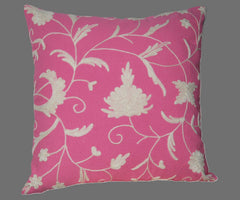 Cotton Crewel Pillow Cushion Cover Floral, White on Pink #CW311