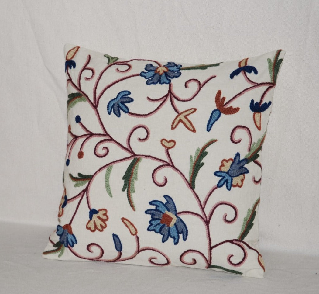 Crewel Wool on Cotton Throw Pillow Cushion Cover "Jacobean" Cream, Multicolor #CW320