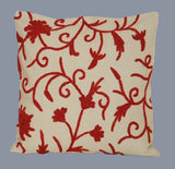 Cotton Crewel Pillow Cushion Cover "Jacobean", Red on Beige #CW342