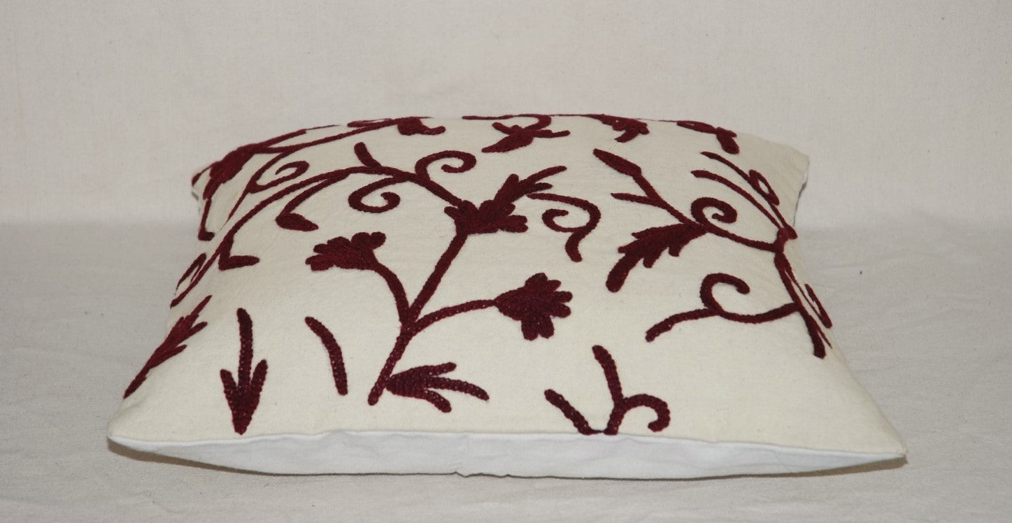 Crewel Wool on Cotton Throw Pillow Sofa, Chair Cushion Cover "Jacobean", Maroon on Cream #CW352