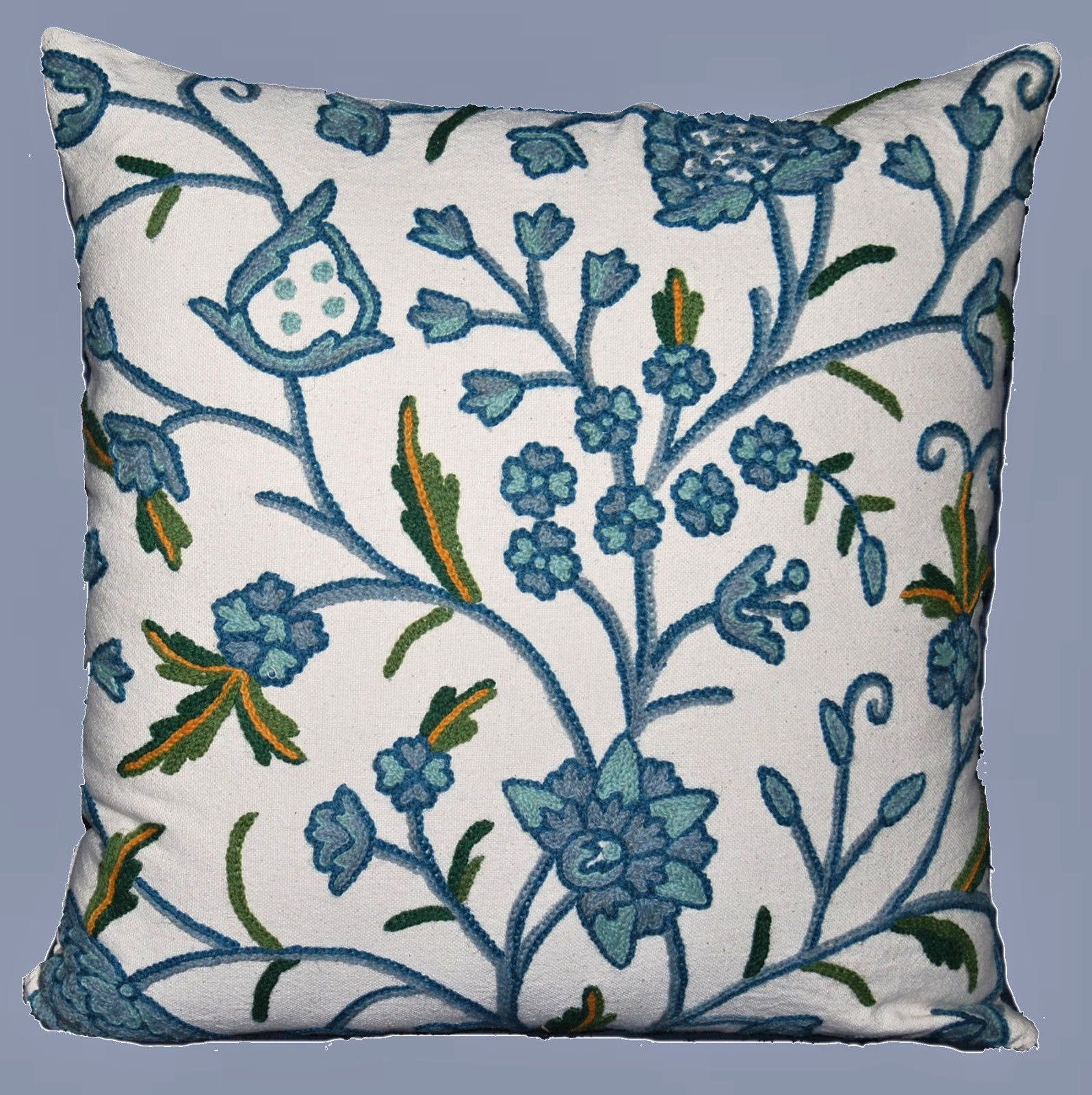 Crewel Embroidery Throw Pillow Cushion Cover "Tree of Life", Blue and Green #CW412