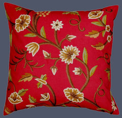 Cotton Crewel Pillow Cushion Cover Red, Multicolor #CW231