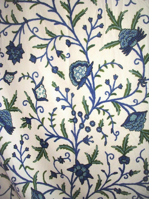 Cotton Crewel Embroidered Fabric Tree of Life, Blue and Green #DDR012