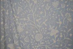 Cotton Crewel Embroidered Fabric "Tree of Life", White on Grey #DDR452