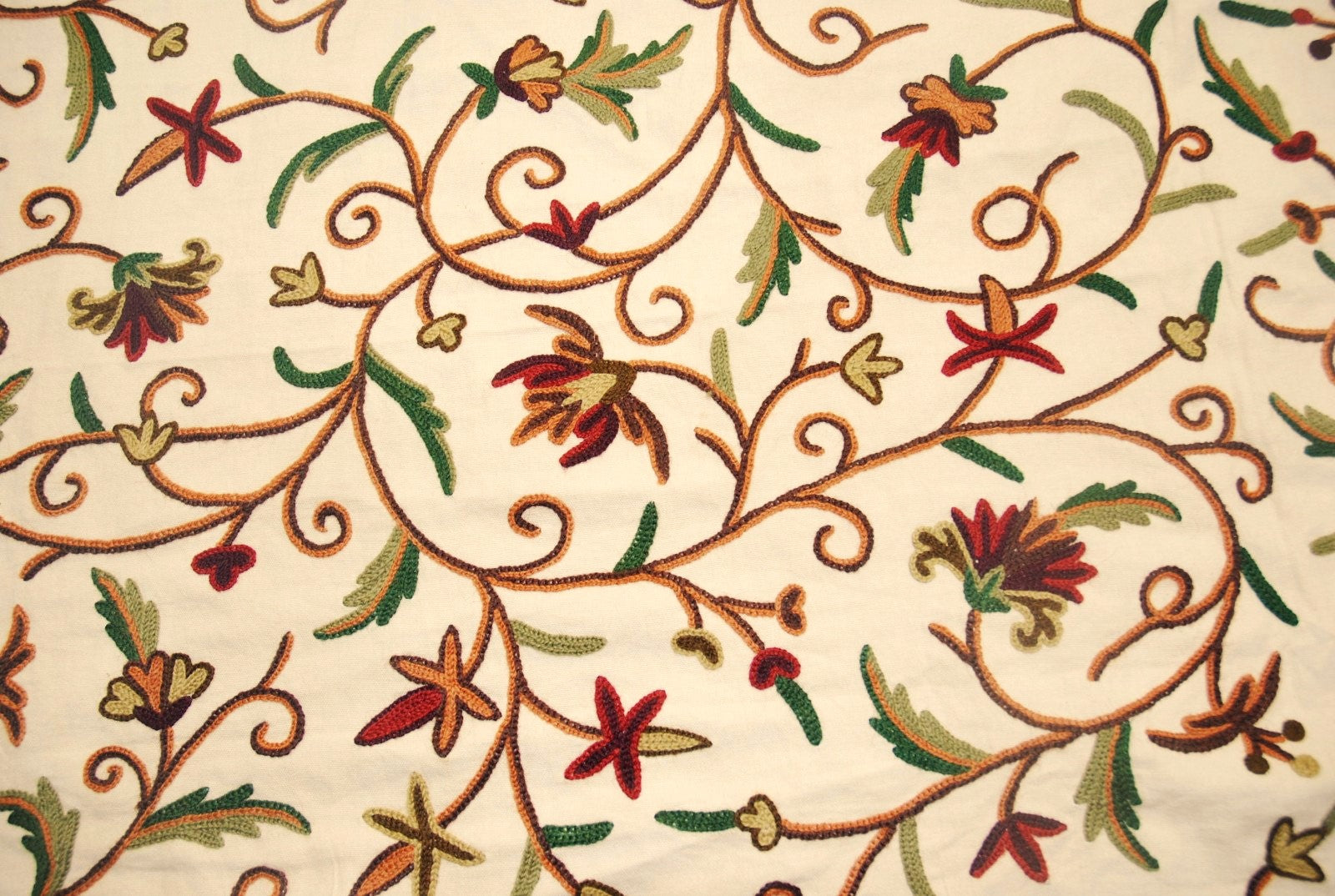Cotton Crewel Embroidered Fabric Beige, Multicolor #FLR105