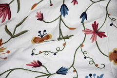 Cotton Crewel Embroidered Fabric Butterfly Off-White, Multicolor #BFL401