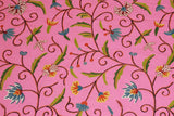 Cotton Crewel Embroidered Fabric Jacobean Pink, Multicolor #TML205