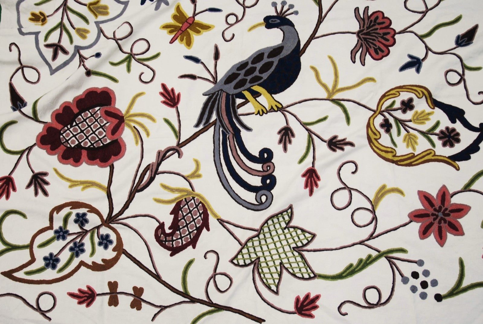 Cotton Crewel Embroidered Fabric Peacock, Multicolor #BRD802