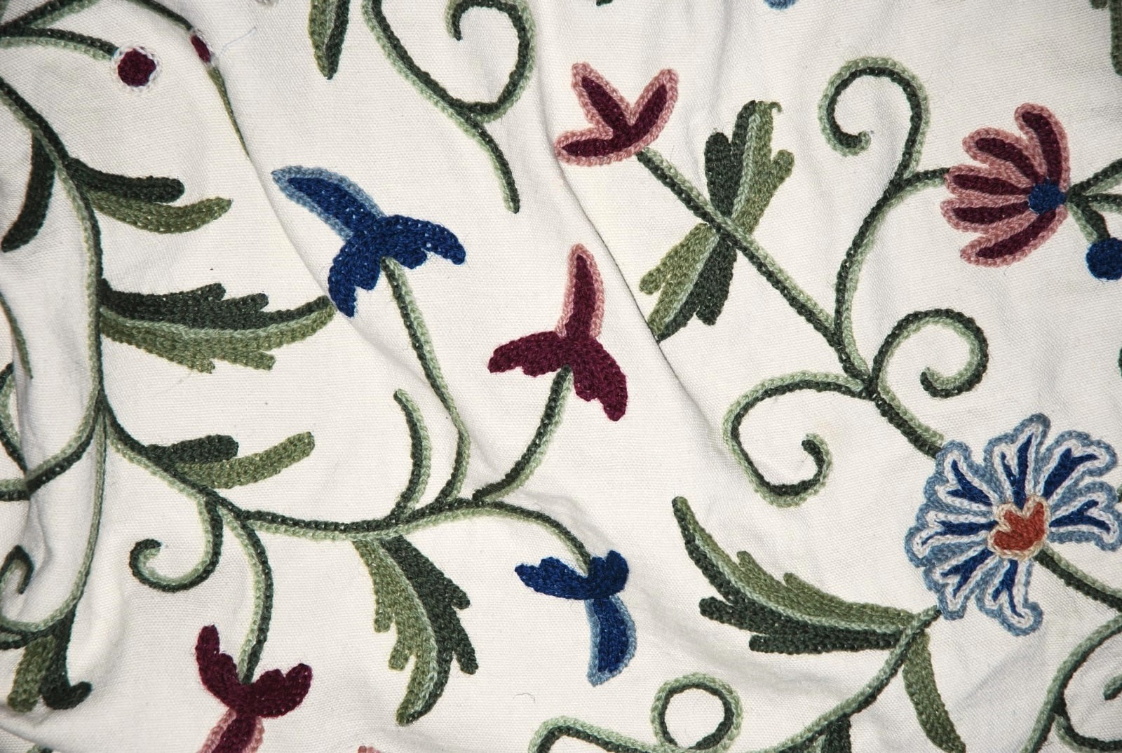 Multicolor on Cream, "Jacobean" Cotton Crewel Embroidery Fabric #TML002