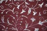 Cotton Crewel Embroidered Fabric Jacobean, White on Maroon #TML558