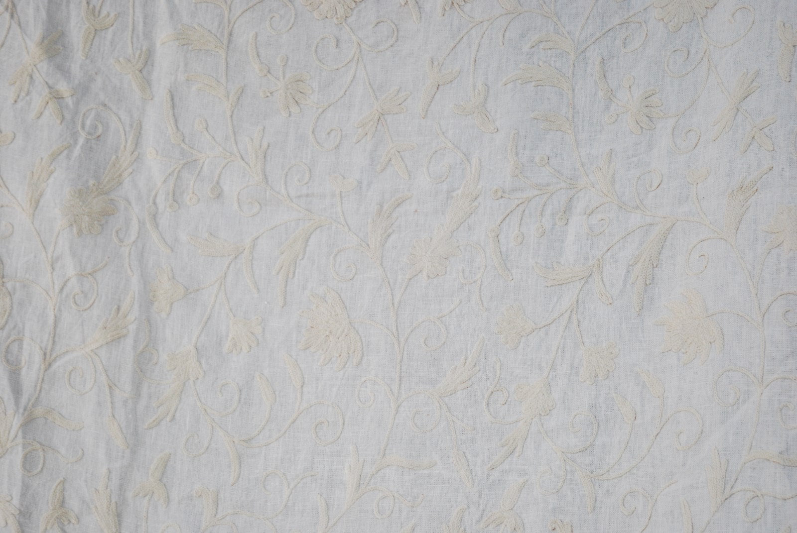 Linen Crewel Embroidered Fabric Jacobean, White on White #TML652