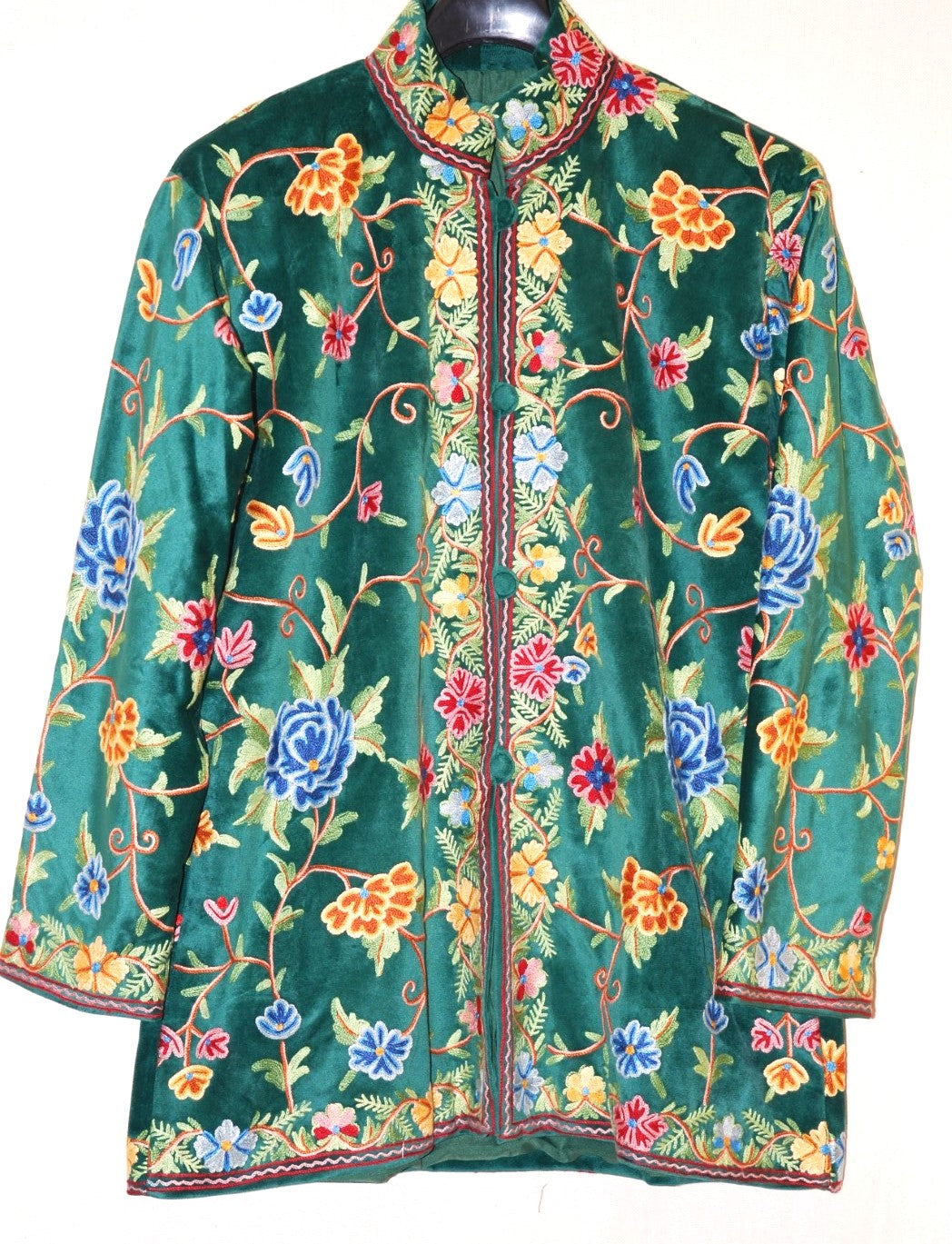 Embroidered Velvet Jacket Green, Multicolor Embroidery #AO-702